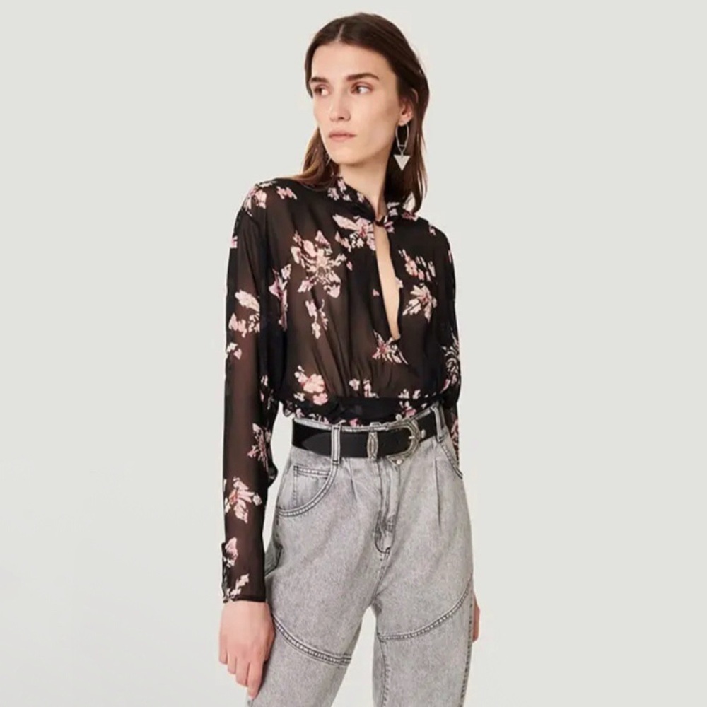 IRO Ileynia Floral Chiffon Blouse Semi Sheer Keyhole Neck Top Black Pink 2 XS